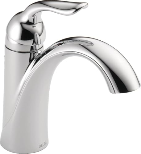 Chrome single-handle bathroom faucet with curved spout and lever handle.