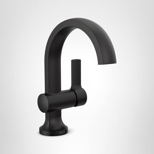 Matte black single-handle bathroom faucet with curved spout and cylindrical handle on circular base.