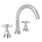 Polished chrome widespread lavatory faucet with curved C-spout and cross handles on circular base.