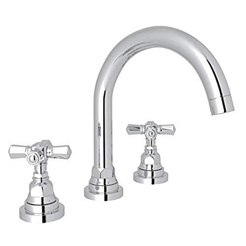 Polished chrome widespread lavatory faucet with curved C-spout and cross handles on circular base.