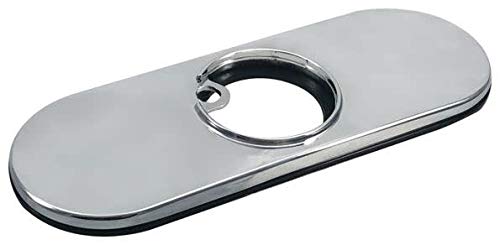Chrome-finished Delta Trinsic escutcheon with oval shape and circular opening for pipe passage.