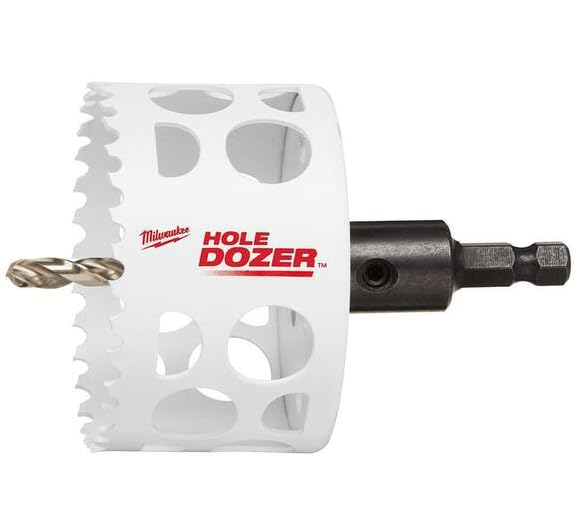 Milwaukee HOLE DOZER 3-3/4" bi-metal hole saw with white cup, serrated edges, pilot drill bit, and black arbor attachment.