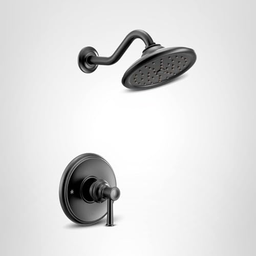 Matte black shower trim kit with curved arm, round showerhead with perforations, and single-handle circular valve control.