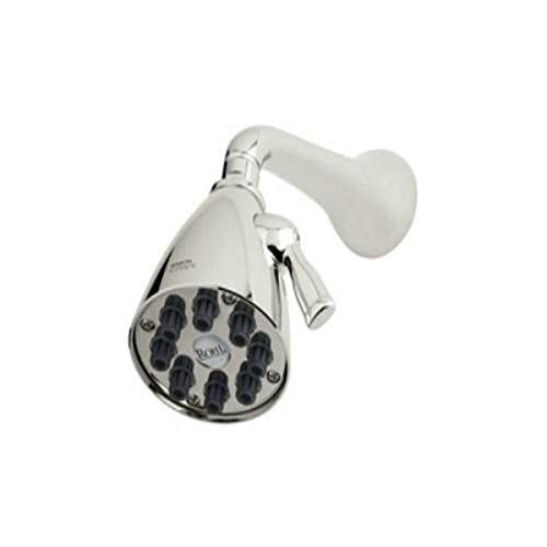 Polished nickel 4-inch showerhead with teardrop shape, multiple spray nozzles, and adjustable arm mount.