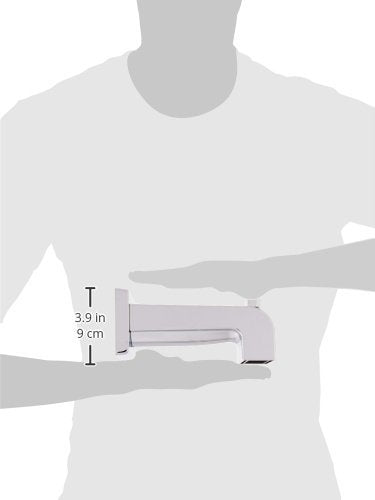Chrome tub spout with pull-up diverter, 3.9 inches long, shown in hand for scale.