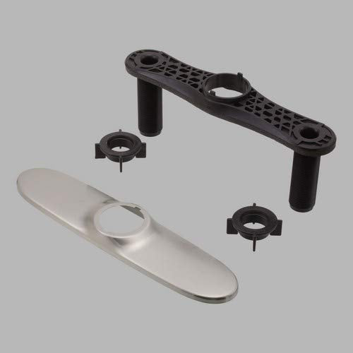 Stainless steel escutcheon plate with two black mounting brackets and two adjustment nuts on gray background.