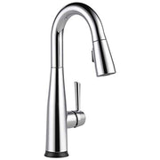 Chrome single-handle pull-down bar faucet with curved spout and touch-activated base.