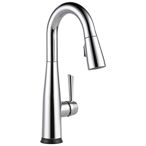 Chrome single-handle pull-down bar faucet with curved spout and touch-activated base.
