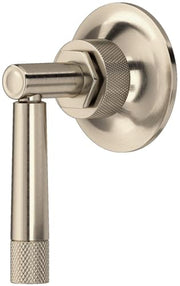 Satin nickel volume control and diverter trim with cylindrical handle and textured grip ring.