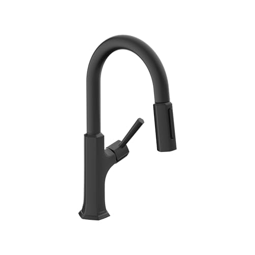 Matte black kitchen faucet with curved spout, single lever handle, and pull-down spray head.