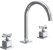Polished chrome widespread lavatory faucet with curved C-spout and two square cross-handle controls.