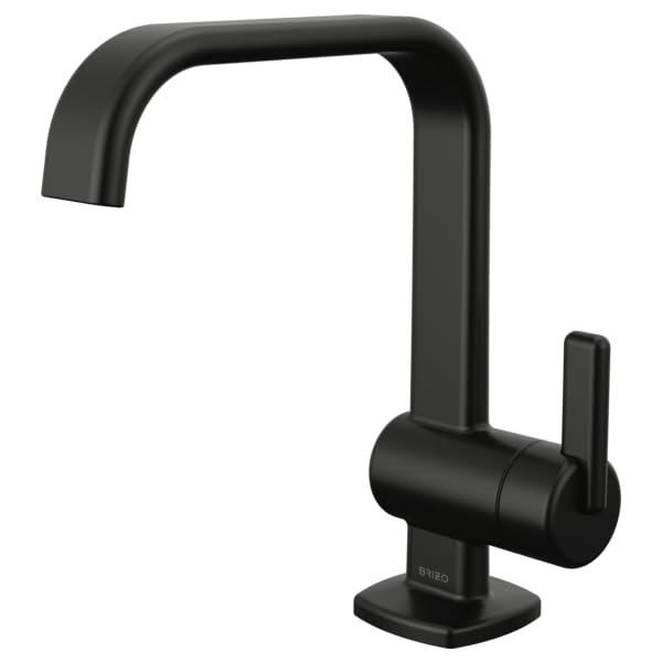 Black single-handle lavatory faucet with curved spout and cylindrical handle on square base.