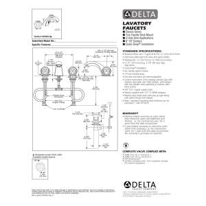 Delta Classic chrome two-handle widespread bathroom faucet with pop-up drain installation diagram and specifications.