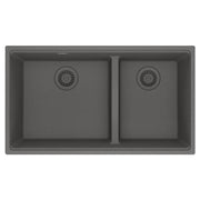 Stone grey granite undermount kitchen sink with two unequal bowls and drain strainers.