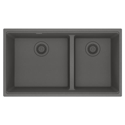 Stone grey granite undermount kitchen sink with two unequal bowls and drain strainers.