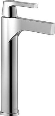 Chrome single-handle vessel faucet with tall spout and angular handle lever.