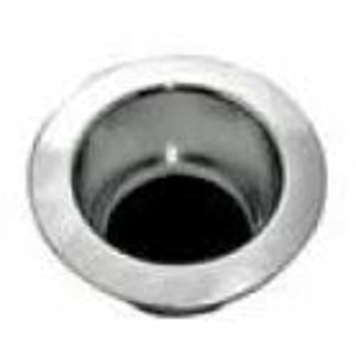 Stainless steel sink flange with circular rim and recessed center opening for garbage disposal installation.