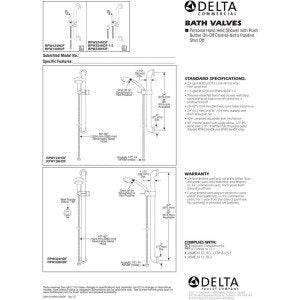 Delta commercial hand shower with grab bar and elbow assembly technical diagrams showing installation and specifications.