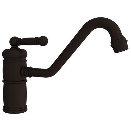 Single handle kitchen faucet with curved spout in oil rubbed bronze finish.