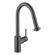 Brushed black chrome high-arc kitchen faucet with pull-down sprayer and single lever handle.