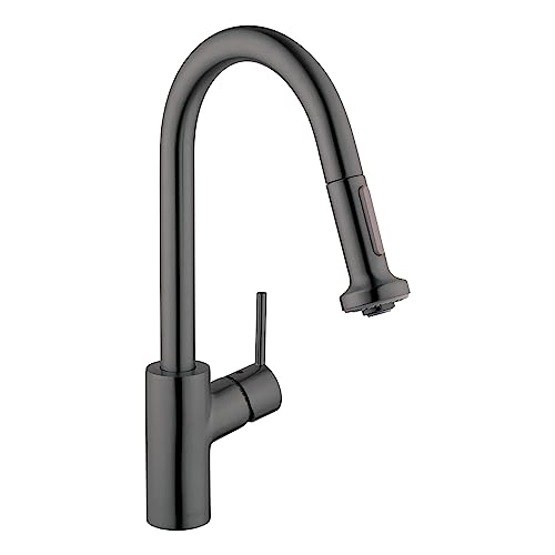 Brushed black chrome high-arc kitchen faucet with pull-down sprayer and single lever handle.