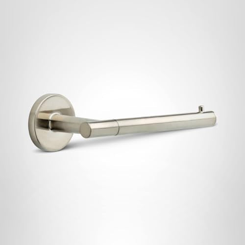Brushed nickel tissue holder with cylindrical arm and circular wall-mounted base plate.