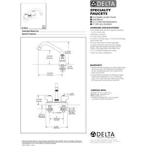 Chrome two-handle laundry faucet with technical specification diagrams and installation instructions.