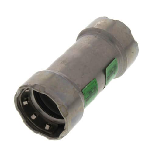 Viega MegaPress 1/2" press coupling in zinc-nickel coated carbon steel with green indicator bands.