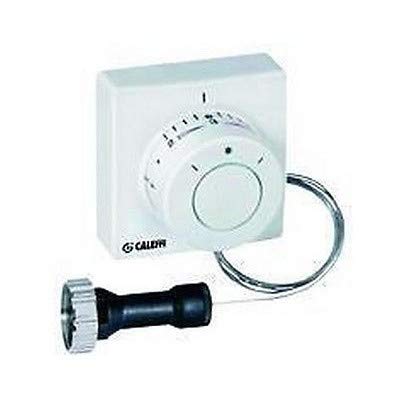 White wall-mounted thermostat with dial control, remote sensor probe with coiled cable, and adjustable knob attachment.
