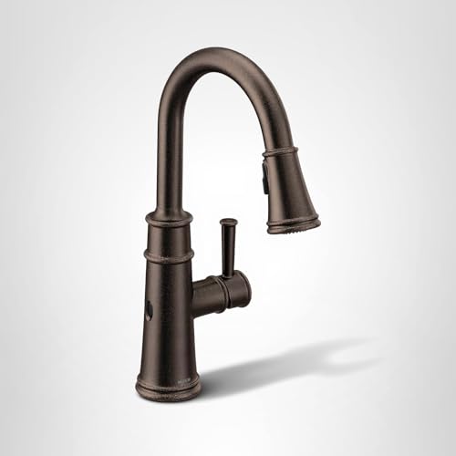 Oil rubbed bronze kitchen faucet with high curved spout and pulldown sprayer head on white background.