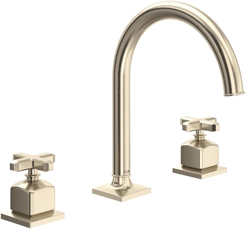 Satin nickel three-hole bathroom faucet with curved C-spout and cross handles on square bases.
