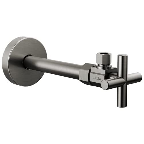 Chrome angled supply stop valve with cross handle and wall-mounted round escutcheon plate.
