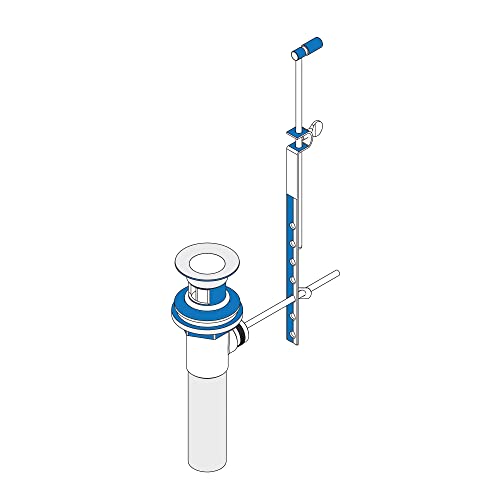 Chrome widespread bathroom faucet with pop-up drain assembly and dual lever handles shown in exploded view.