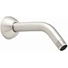 Brushed nickel curved shower arm with round flange, 7 inches long.