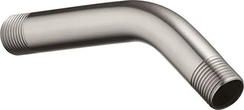 Oil rubbed bronze shower arm with threaded connections at both ends, angled downward design.