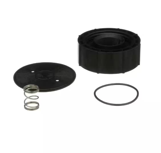 Black plastic bonnet assembly kit with cap, spring, and rubber gasket components for 1-inch water filter housing.