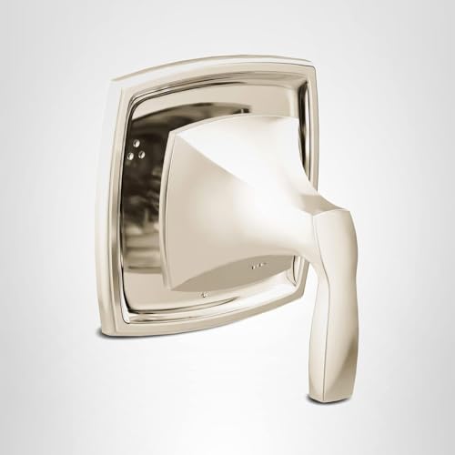 Polished nickel shower valve trim with curved rectangular escutcheon and single lever handle for diverter control.