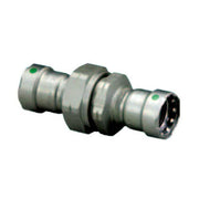 Silver metallic press union fitting with green indicator marks on each end, 1-1/4 inch size.