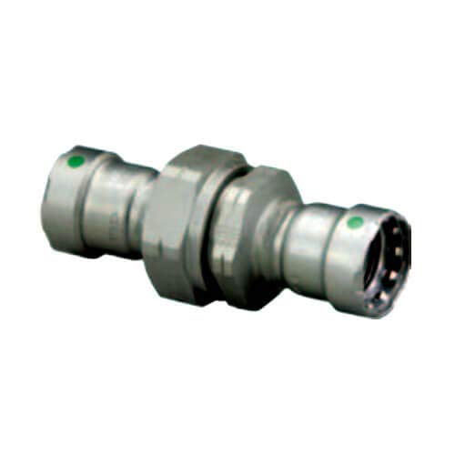 Viega MegaPress 2 press union with zinc-nickel coating and green indicator marks on cylindrical ends.