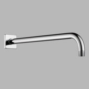 Chrome shower arm with square wall flange and angled end connector, 16 inches long.