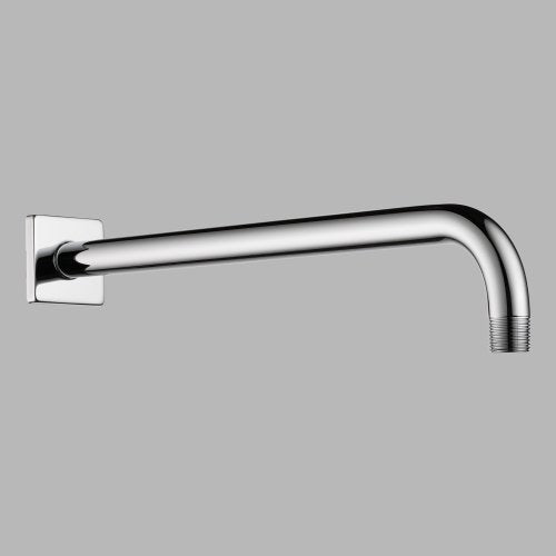 Chrome shower arm with square wall flange and angled end connector, 16 inches long.