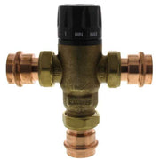 Caleffi brass 3-way mixing valve with black temperature dial, copper press fittings, and MIN/MAX markings.