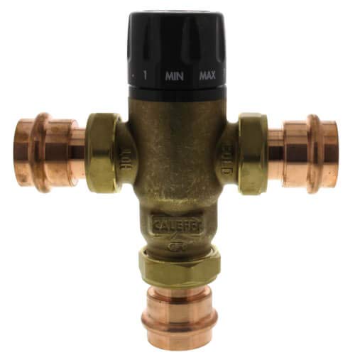 Caleffi brass 3-way mixing valve with black temperature dial, copper press fittings, and MIN/MAX markings.