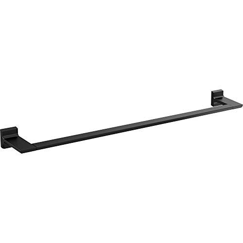 Black metal towel bar with square wall-mounted brackets on each end, approximately 30 inches long.