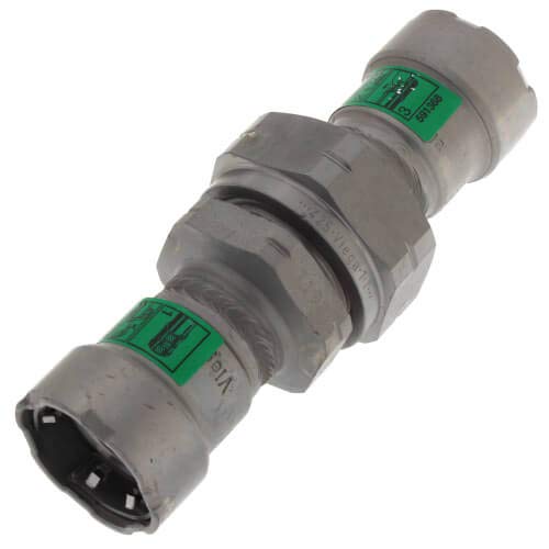 Gray metal press union fitting with green identification bands and threaded connectors on both ends.