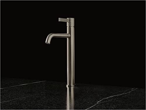 Polished nickel single-handle tall bathroom faucet with curved spout and lever control.