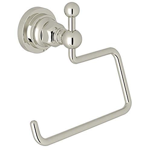 Polished nickel toilet paper holder with circular backplate and decorative ball finials, open square ring roll holder.