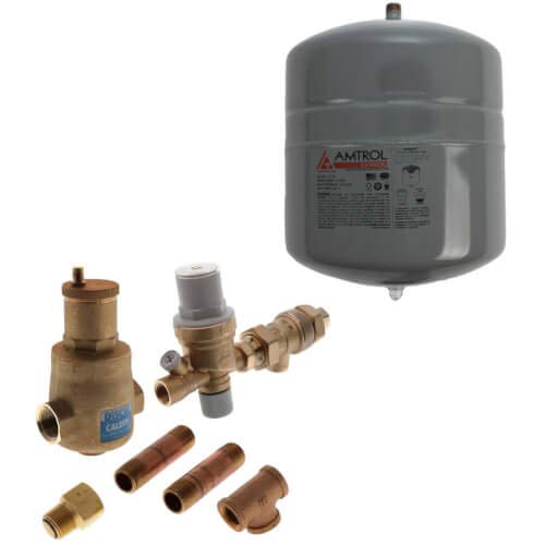 Boiler trim kit with gray expansion tank, brass valves, copper fittings, and connectors for 1" NPT applications.