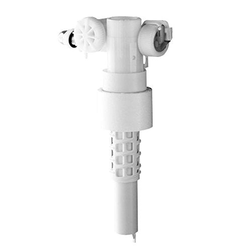 White plastic toilet filling valve with dual float arms and inlet connection at bottom.