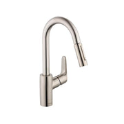 Steel Optic pull-down kitchen faucet with curved spout and single lever handle.